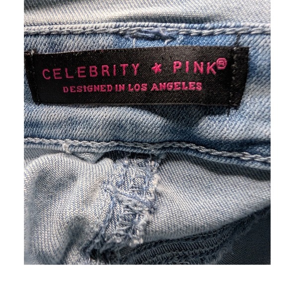 Celebrity + Pink Denim Overall Dress Distressed Frayed Hem Blue Jean Mini - S - Picture 9 of 12